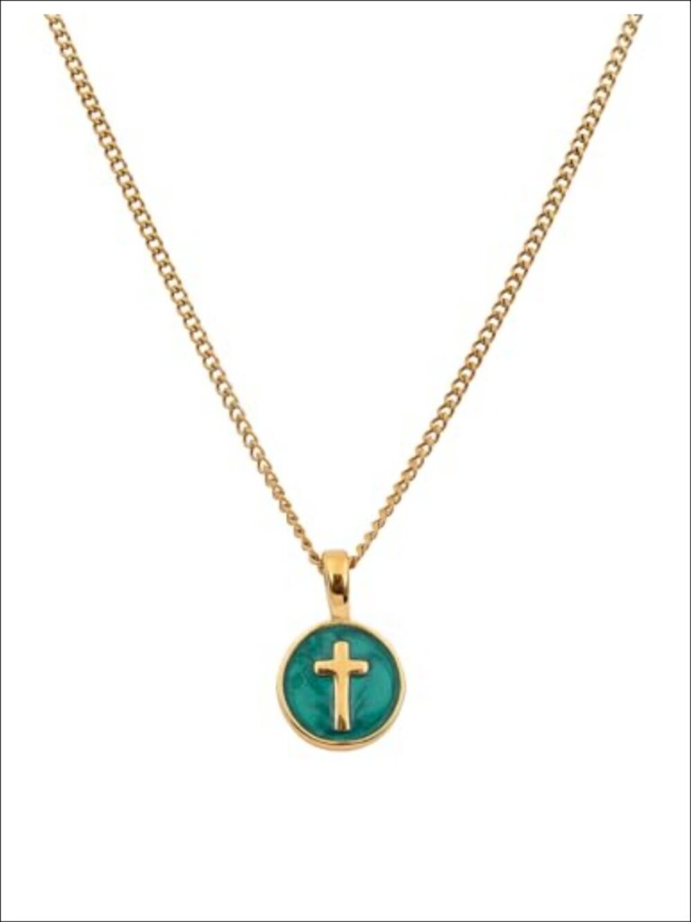 18K Gold Plated Stainless Steel Emerald Agape Cross Pendant Necklace 18 In